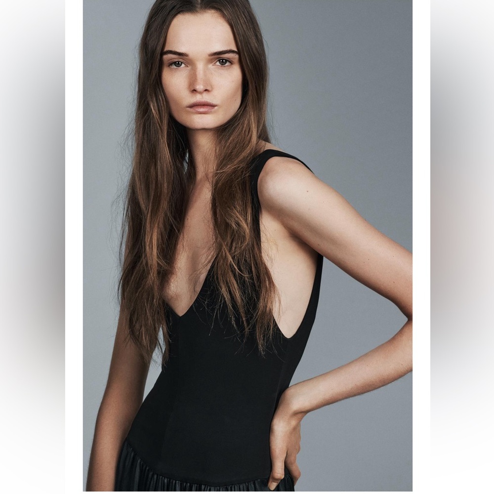 Zara Black Contrast Midi Dress V-neck Dropped waist Tonal fabric size S NWT - Picture 8 of 16